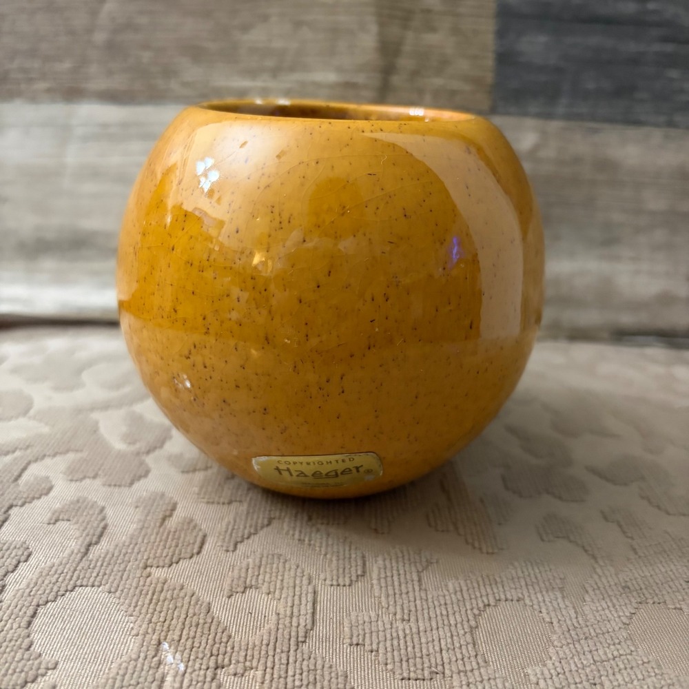 Vintage Haeger Potteries Mustard Yellow Speckled Orb Vase Mid Century Modern USA